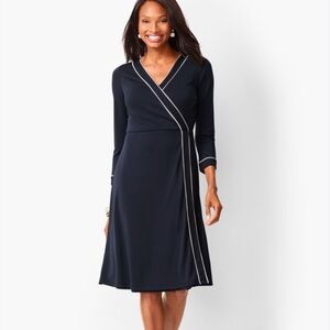 Talbots Navy Blue White Trim Faux Wrap Event Business Casual Dress Size L